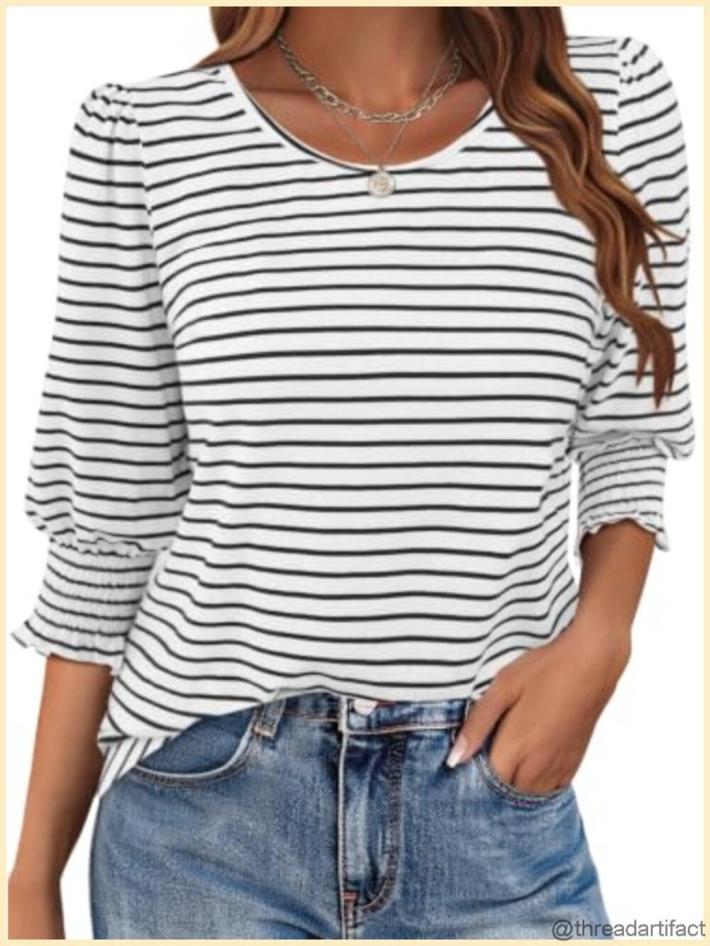 Women's Striped 3/4 Sleeve Top Smocked Cuff Casual T-Shirt